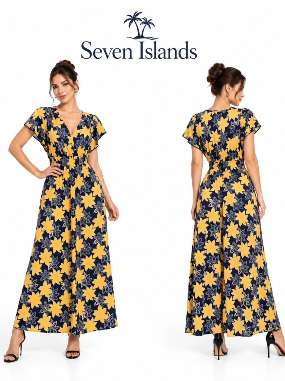 Seven Islands Petite Floral Maxi Dress Navy Yellow Smocked Waist PS 3518P-153